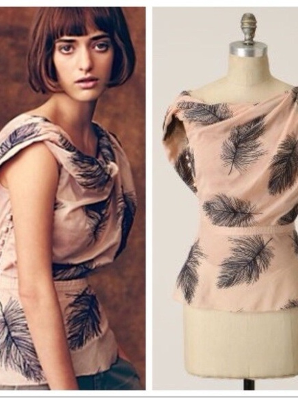 Anthropologie Blush Pink Feather-Print Draped Top